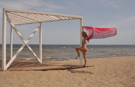 red shawl on windy weather         