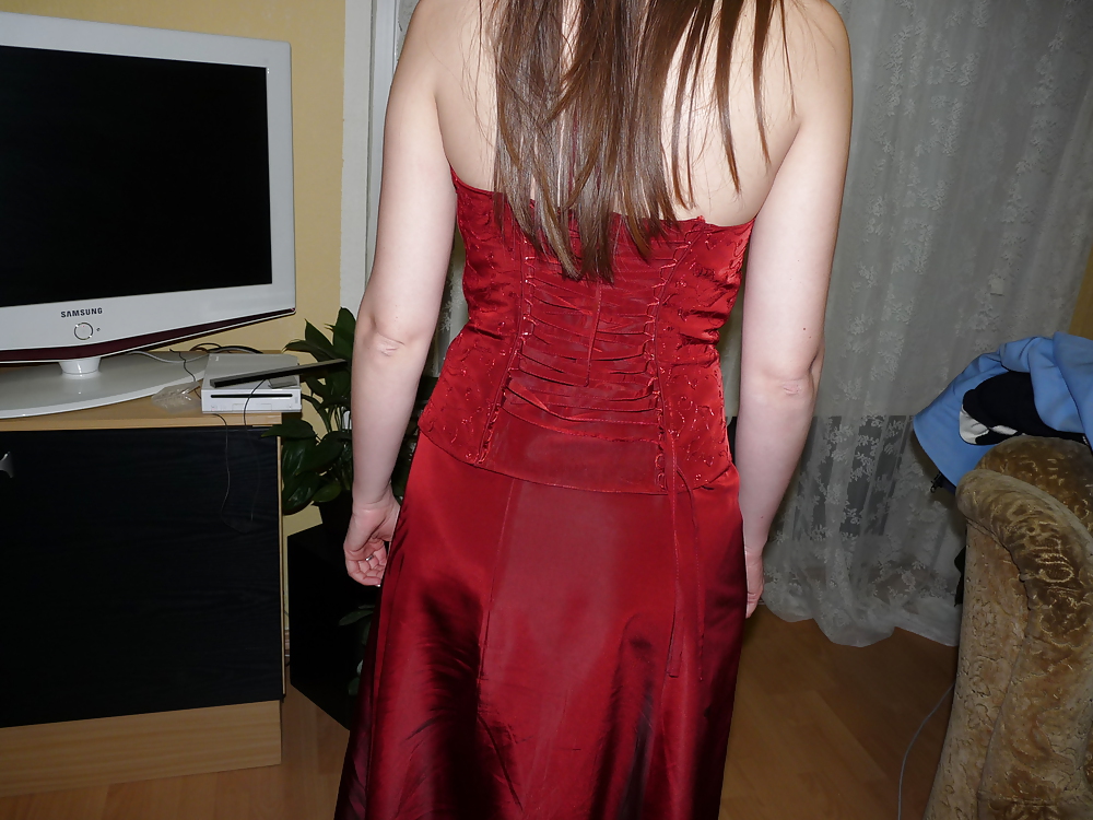 wifes sexy red shiny silk satin gala dress adult photos