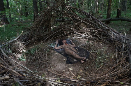 in forest cradle with apple         