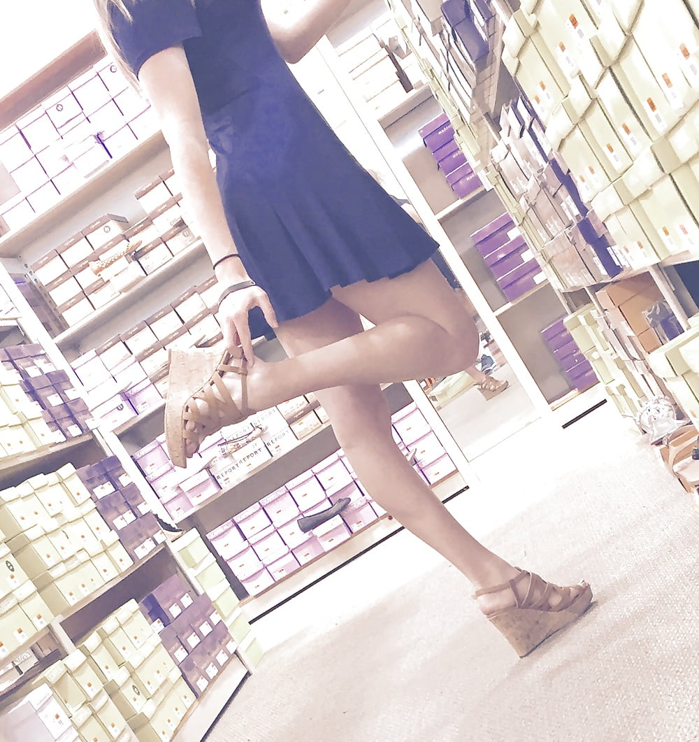 Blonde in Blue Dress at Shoe Store #41 adult photos