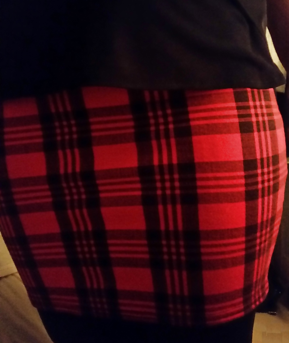 Flashing my sexy pantyhose tights under my red tartan skirt adult photos