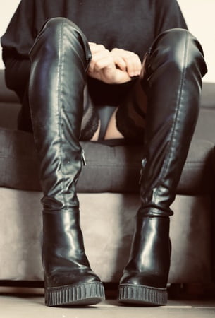 slut wife put plug ass nylon boot high skirt for show pussy         