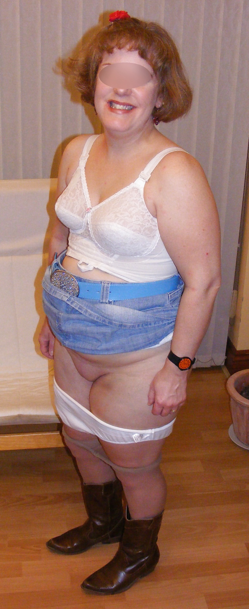 Tights, denim skirt, and big white knickers adult photos