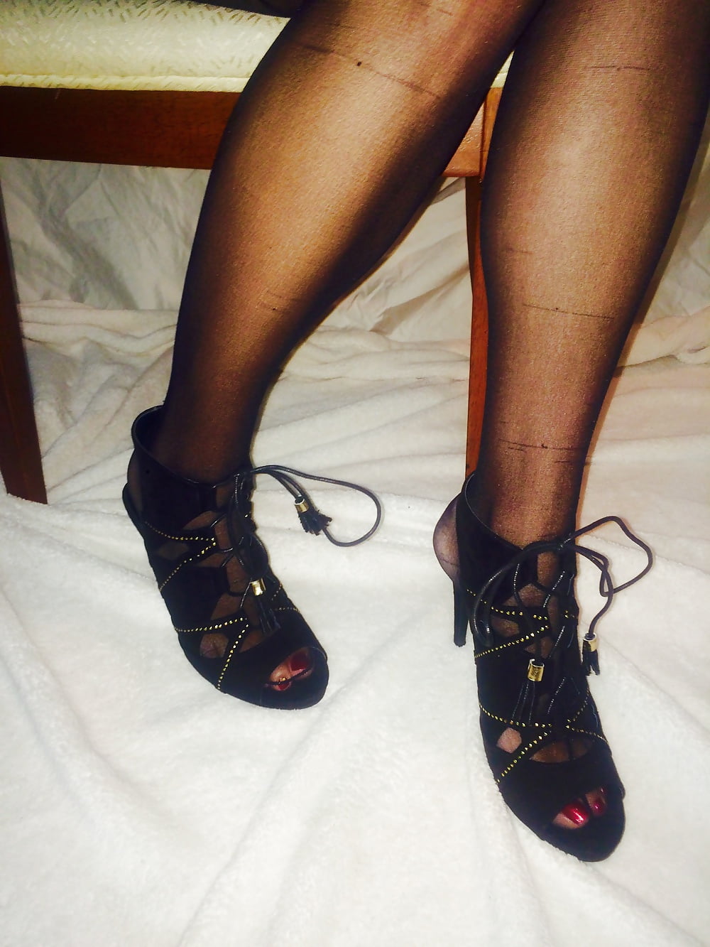 Wife's feet in nylons and her new heels. Tributes welcome! adult photos