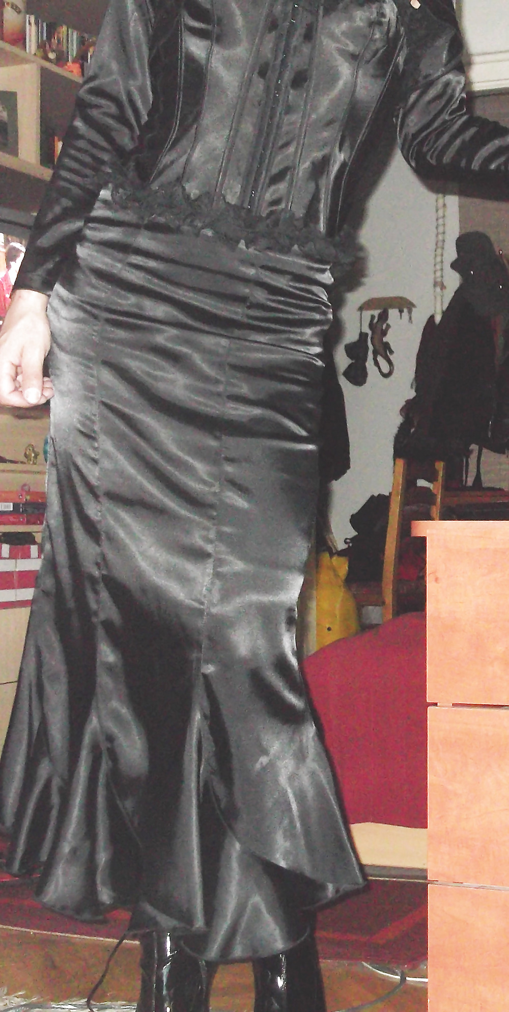 Black satin long skirt and black satin corset adult photos