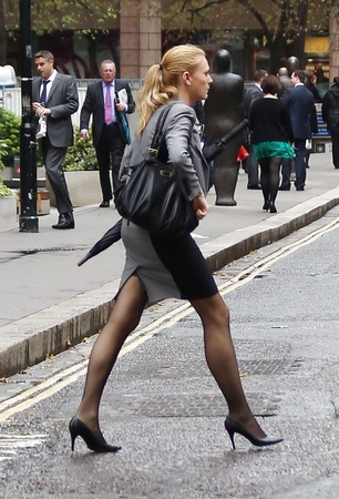 Business Woman in Public wearing black Pantyhose sexy
