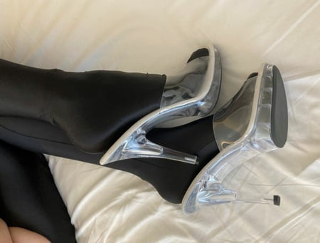 spandex pantyhose and clear high heel mules         