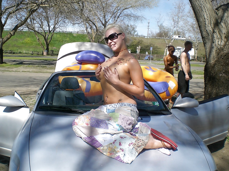 3 amateur teens have fun in public. adult photos